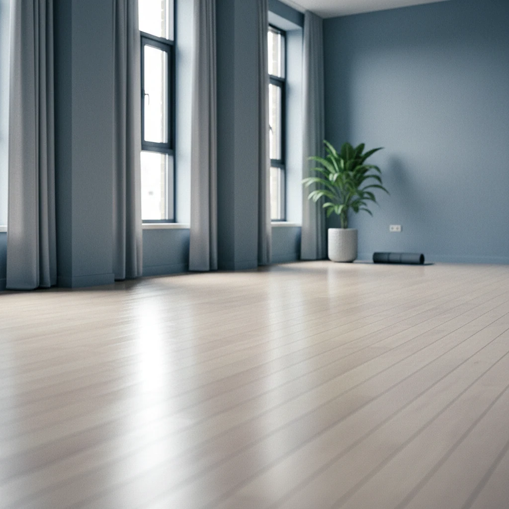 Rustig verlicht interieur van een lichte bewegingsstudio met houten vloer en grote ramen
