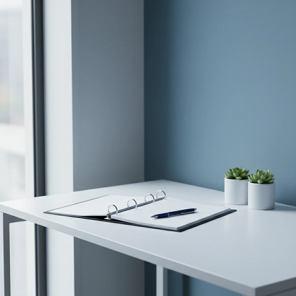 Licht en rustig kantoortje met een open notitieboek, bril en groene planten op een houten bureau