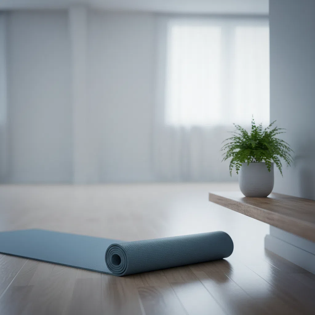 Lichte yoga-ruimte met een opgerold mat en een kleine plant op een houten plank