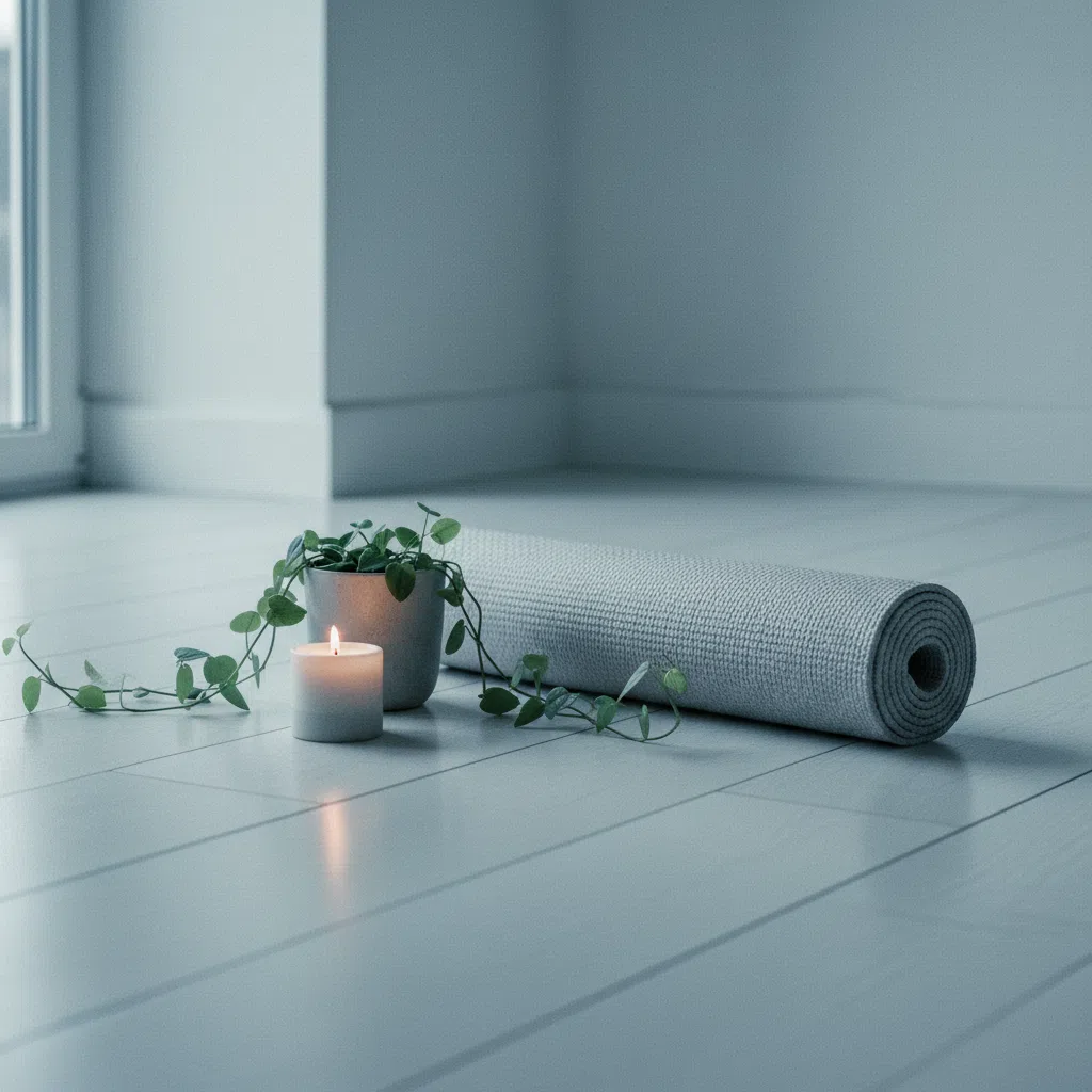 Opgerold yogamatje naast een kaars en een kleine plant op een rustige houten vloer