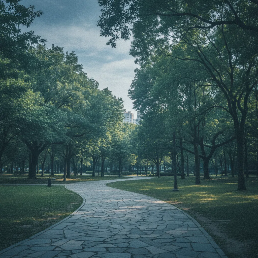 Stenen wandelpad door een rustig stadspark met groene bomen en zacht ochtendlicht